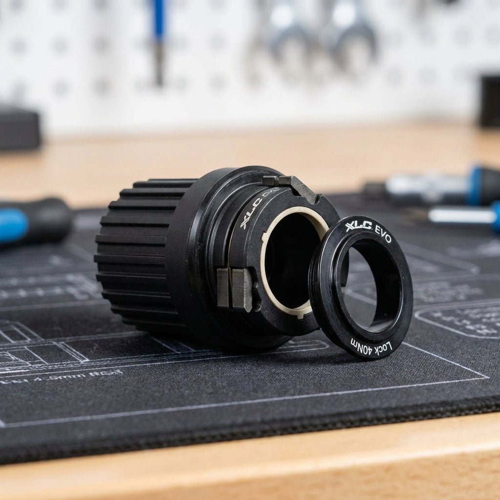 Schwarzer XLC Evo Freilaufkörper Shimano WS-X19 für 12-fach, mit Lockring auf Werkbank.