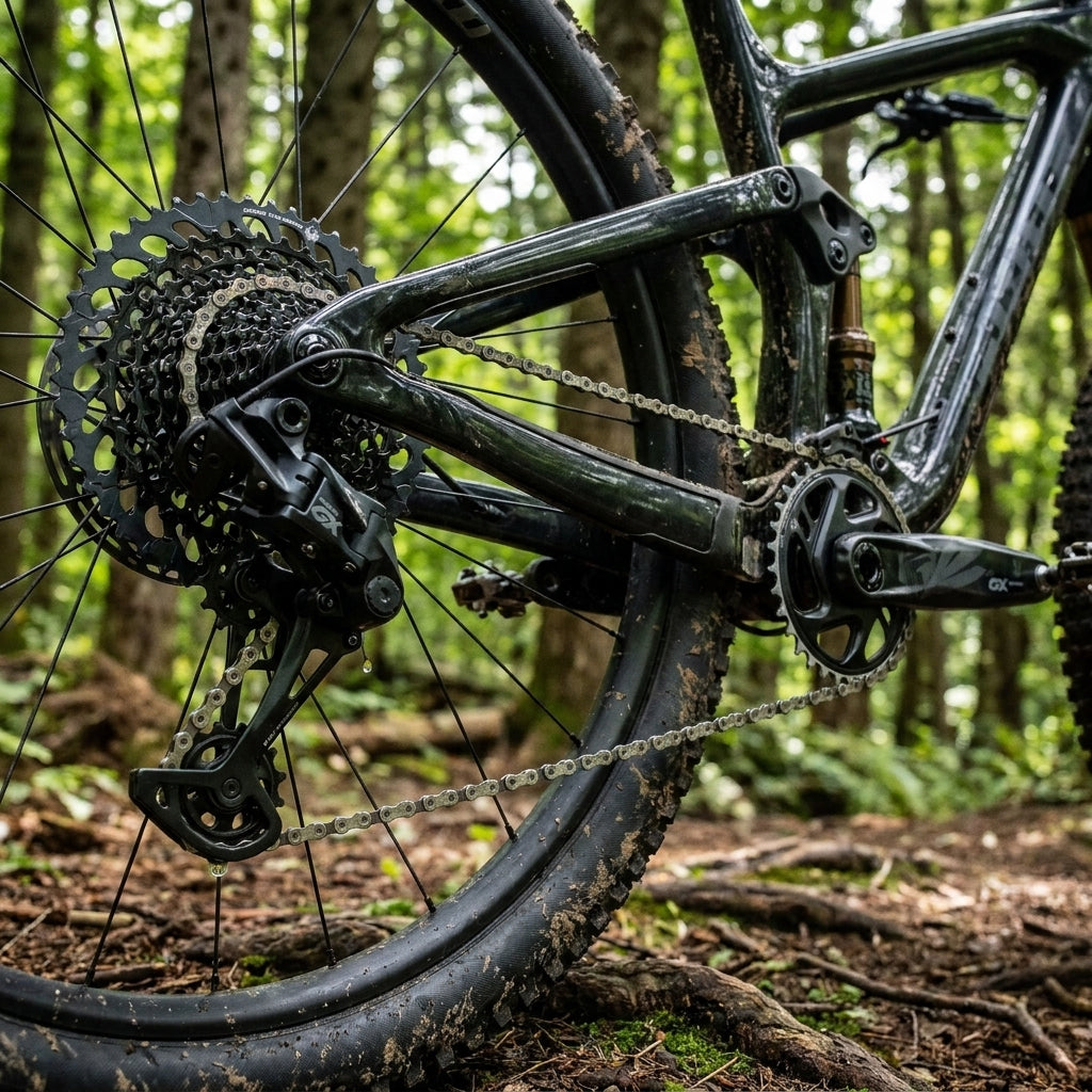 SRAM GX Eagle lunar 1x12-fach Schaltgruppe am schlammigen Mountainbike im Wald.