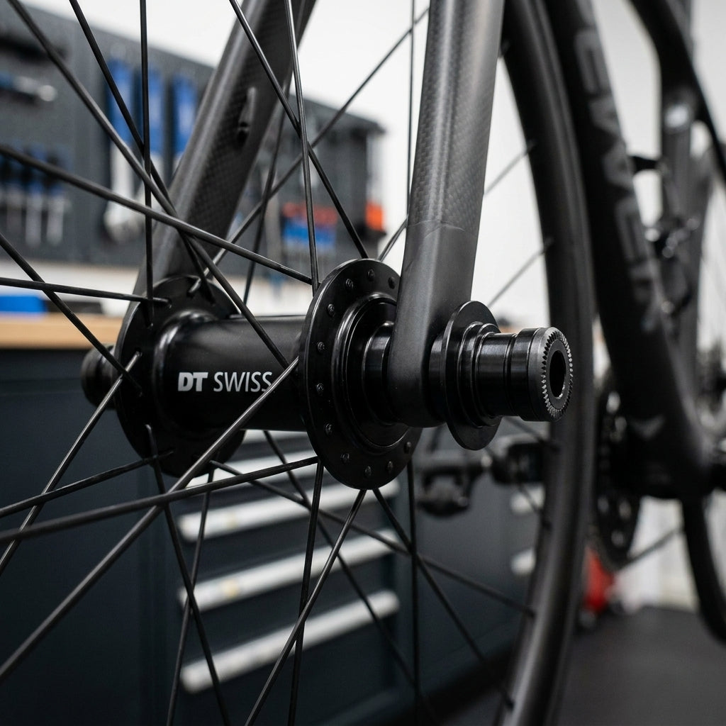 DT Swiss Umrüstkit VR auf 9 mm Steckachse Schwarz. Präzise Naben-Umrüstung für Vorderrad, mehr Stabilität für MTB und Rennrad.