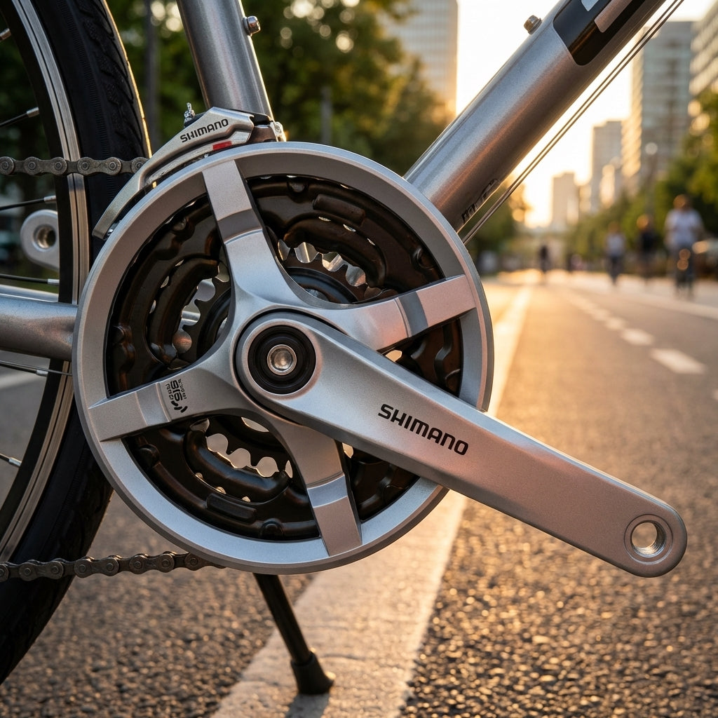 Shimano Tourney FC-TY501 Kurbelgarnitur 3-fach 42-34-24 Zähne an einem silbernen Fahrrad bei Sonnenuntergang.