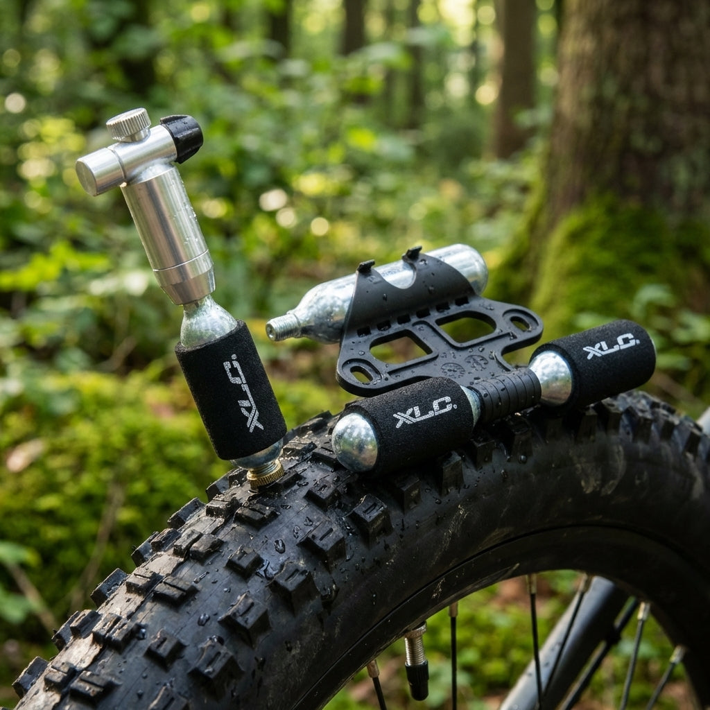 XLC CO2-Patronenpumpe PU-M03 am Mountainbike-Reifen mit 3x 16g CO2-Patronen im Wald.