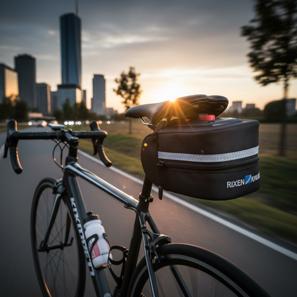 KLICKfix Satteltasche Micro 100 schwarz mit Adapter am Rennrad bei Sonnenuntergang, reflektierender Streifen.