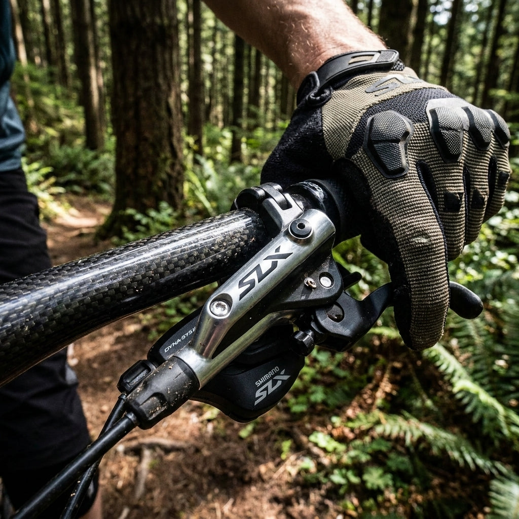 SHIMANO SLX SL-M7000 11-fach Mountainbike Schalthebel am Carbon-Lenker, von Hand bedient für präzise Schaltung.