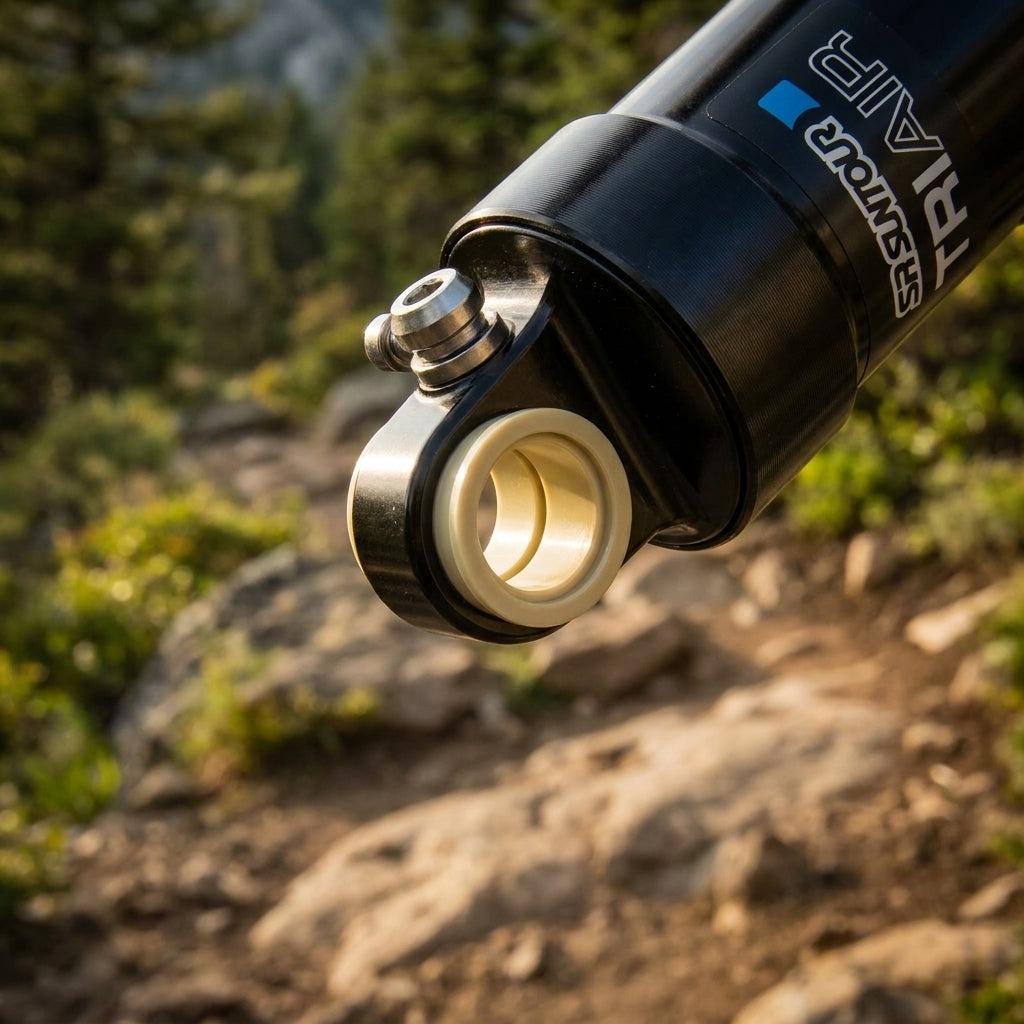 SR-Suntour Triair Dämpfer mit IGUS Kunststoffbuchse 10x40mm auf einem Mountainbike-Trail.
