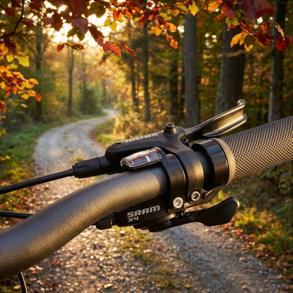 SRAM Trigger X.4 8-fach Schalthebel am Fahrradlenker vor herbstlichem Waldweg im Sonnenlicht.