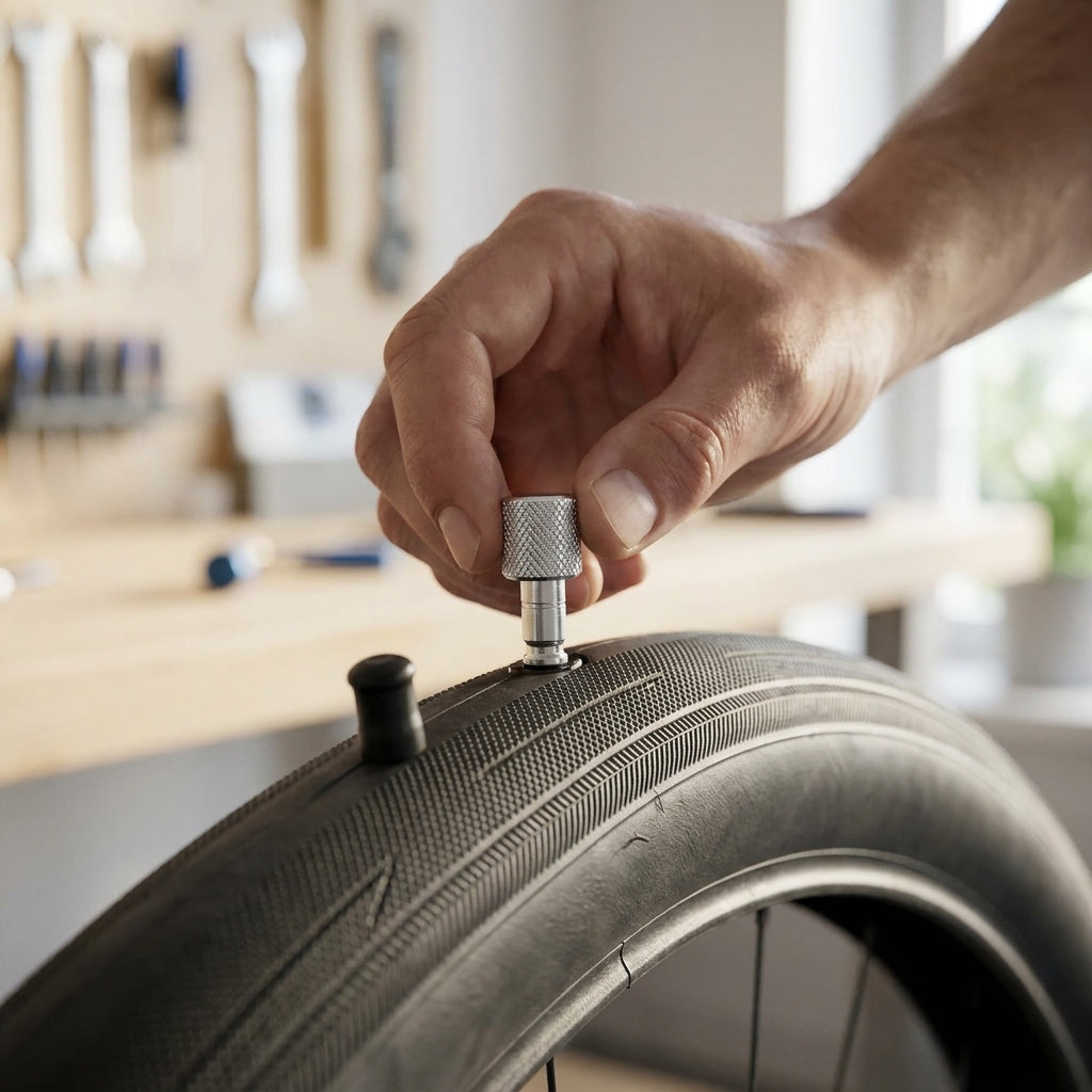 Hand schraubt Schwalbe CLIK VALVE AV-SCV Adapter auf Fahrradventil am Reifen.