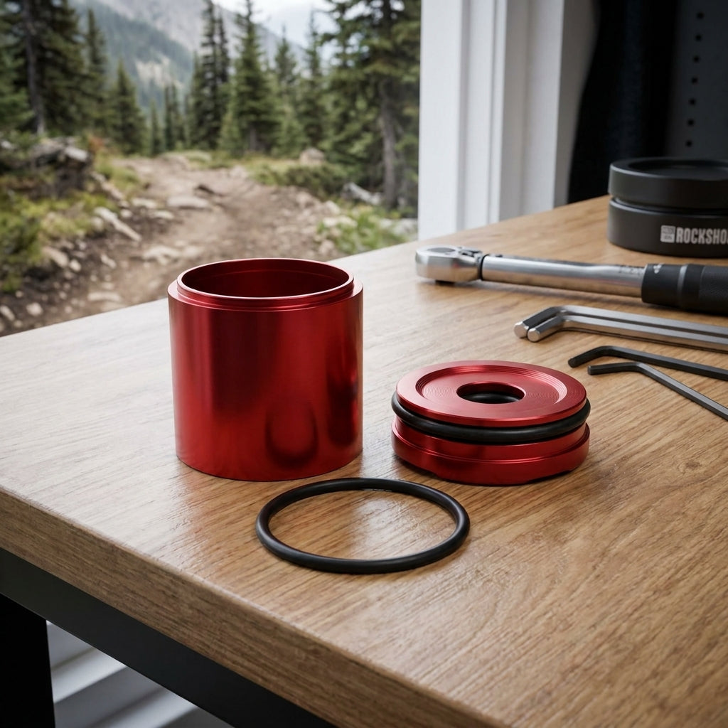 Rote RockShox Seal Head DebonAir+ 35mm Lyrik D1+ Ersatzteile für Federgabeln mit Werkzeug auf Holztisch.