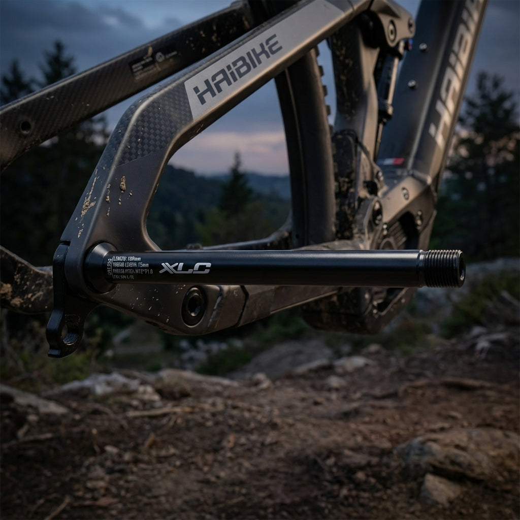 XLC Steckachse Haibike eCRP QR-H03 M12x1,0/15mm am Hinterbau eines Haibike E-Mountainbikes.