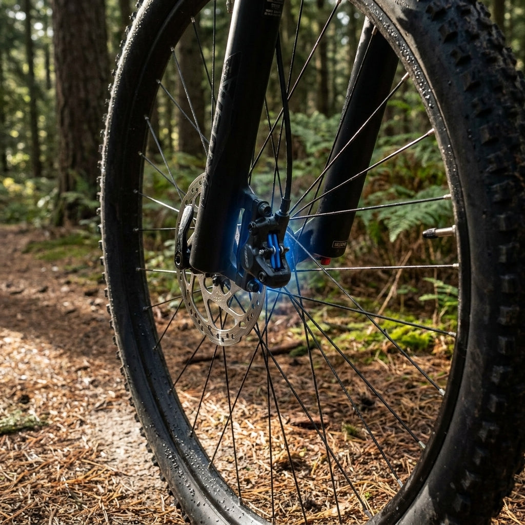 Blau leuchtende BBB DiscStop Bremsbeläge an Mountainbike Scheibenbremse auf Waldweg. Kraftvolle, leise Performance.