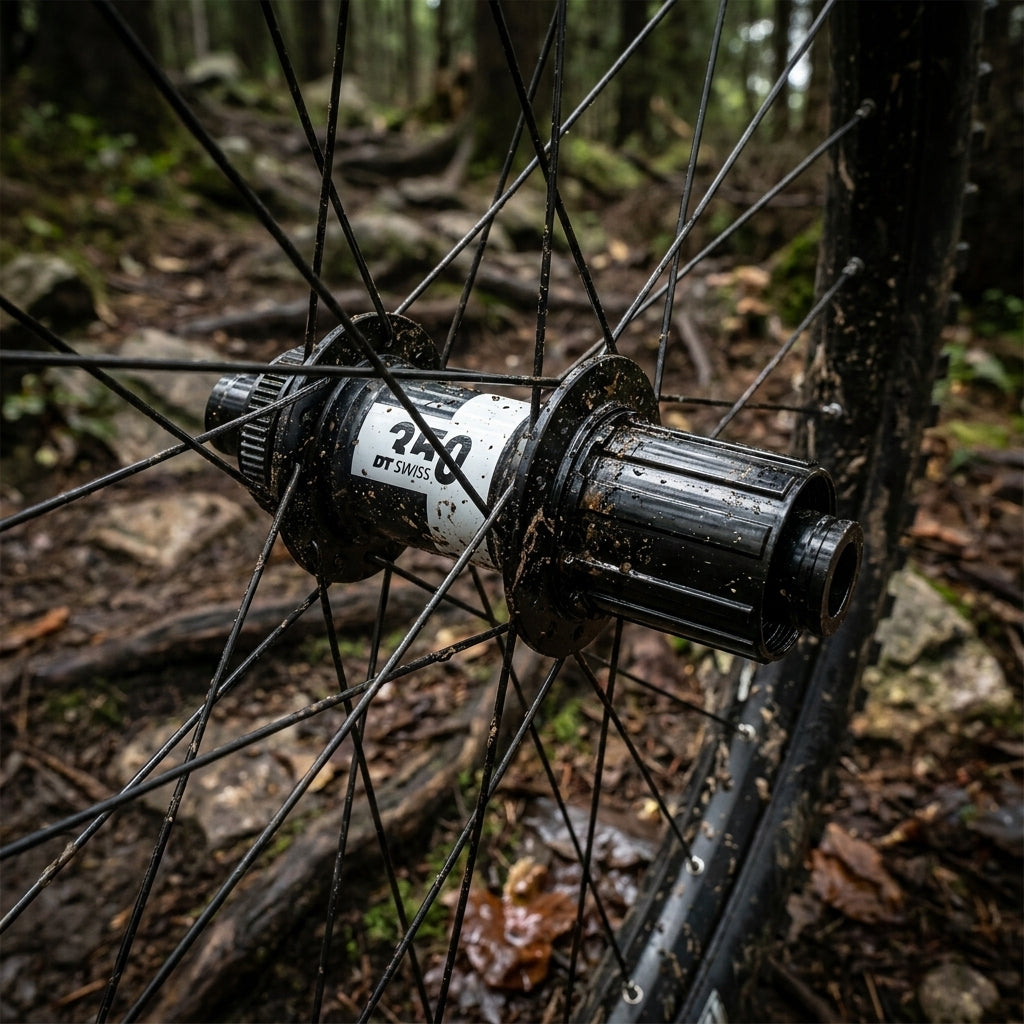 Schwarze, robuste DT Swiss 350 MTB Hinterradnabe im Einsatz auf schlammigem Trail.