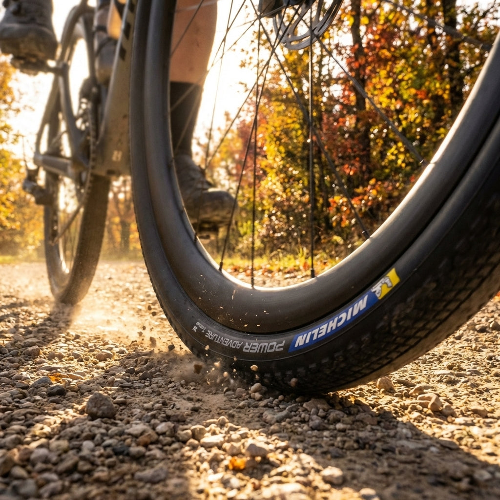 Michelin Power Adventure Reifen am Gravelbike auf Kiesweg, Staub spritzend im goldenen Herbst.