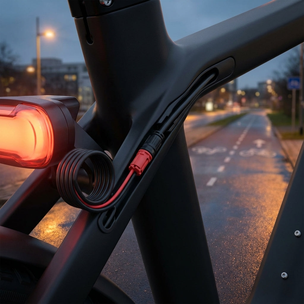 Bosch Lichtkabel Rücklicht 1400mm lang für Smart System am Fahrrad, mit leuchtendem Rücklicht bei Nacht.