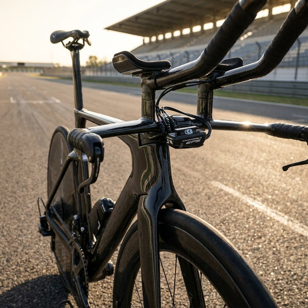 Schwarzes Triathlonrad mit Campagnolo EPS V4 Schnittstelle für Super Record 12-fach auf Rennstrecke.