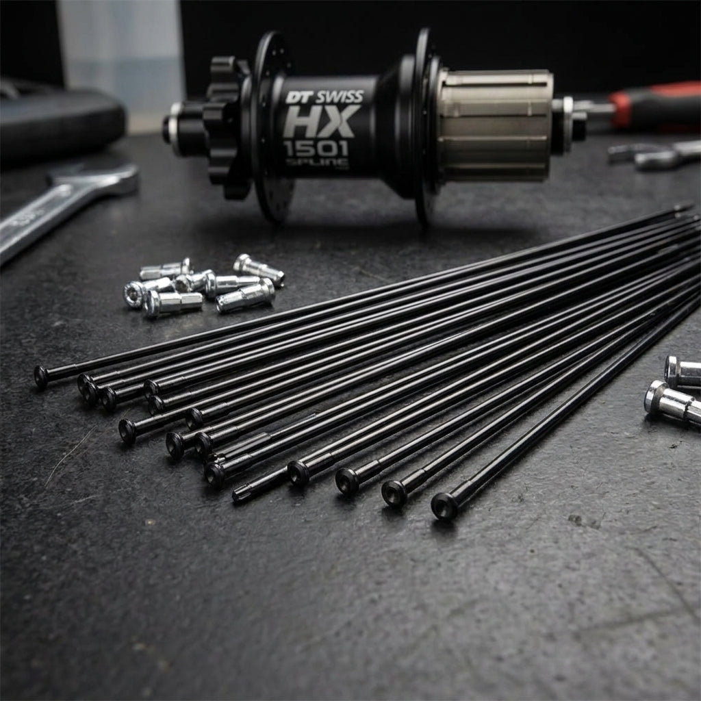 DT Swiss HX 1501 SPLINE Speichenkit schwarz für präzisen Laufradservice mit Nabe, Speichen und Nippeln.