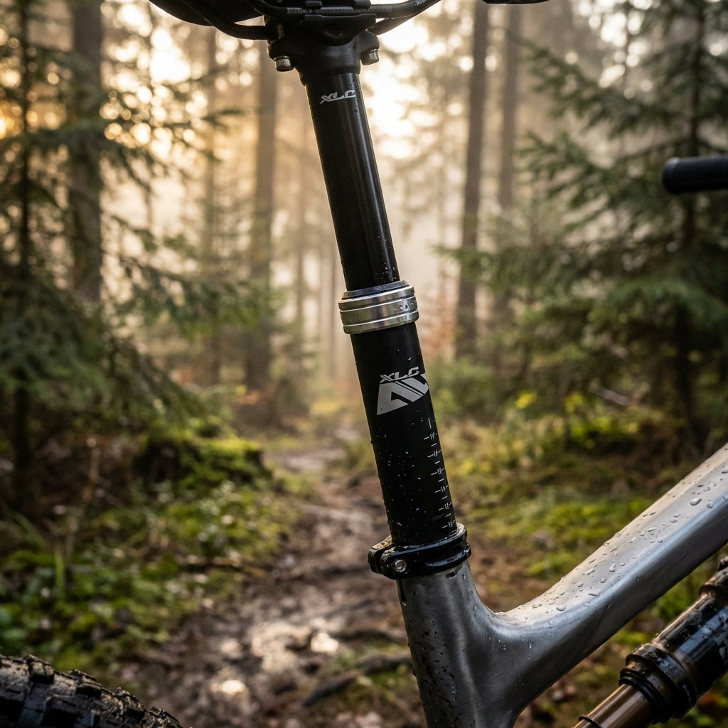 Teleskopsattelstütze XLC All MTN SP-T05 am Mountainbike auf nassem, schlammigem Waldweg.