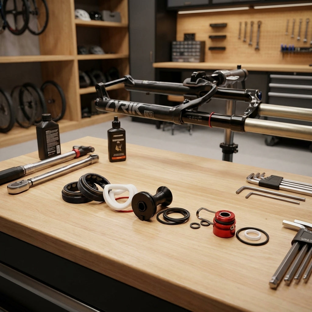 RockShox Federgabel Service-Kit Lyrik B1 Pike 29+ DA (2018+) mit Dichtungen, Öl und Werkzeug auf Werkbank in Werkstatt.
