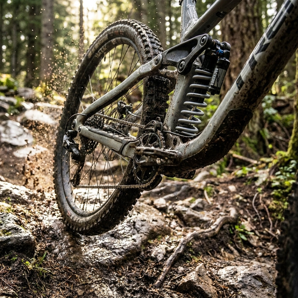 Rockshox Feder f.HR Dämpfer RockS.Vivid/Kage an Mountainbike-Heck auf schlammigem Trail.