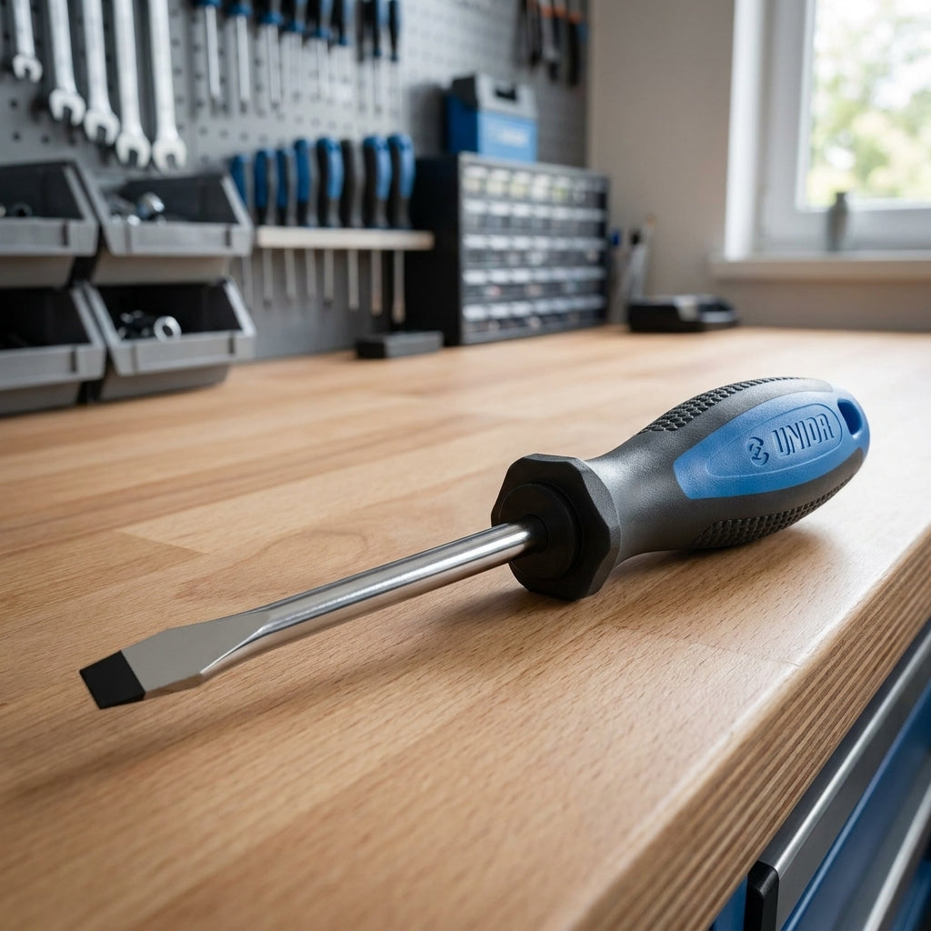 Unior Schraubendreher 605TBI schwarz-blau für Schlitzschrauben. Ergonomischer 3-Komponentengriff, hochwertige Klinge für präzises Arbeiten.