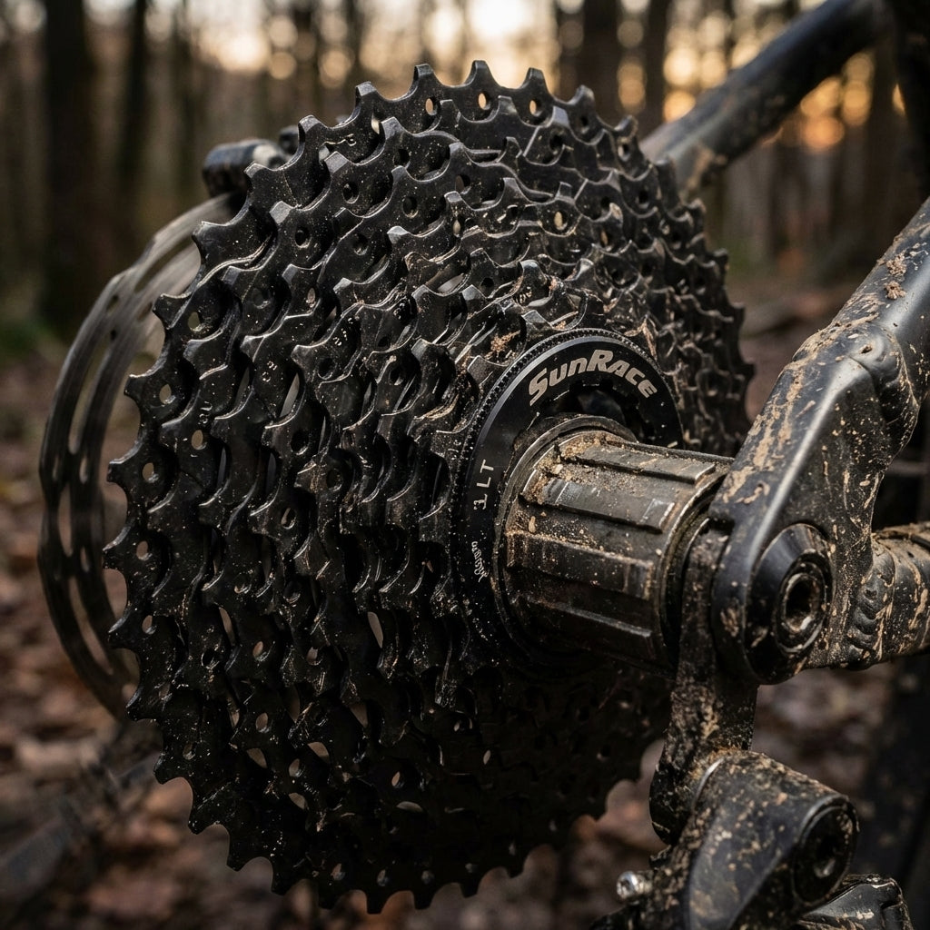 SunRace CSM98 9s 11-36z MTB Kassette, schlammig am Hinterrad eines Mountainbikes im Wald.