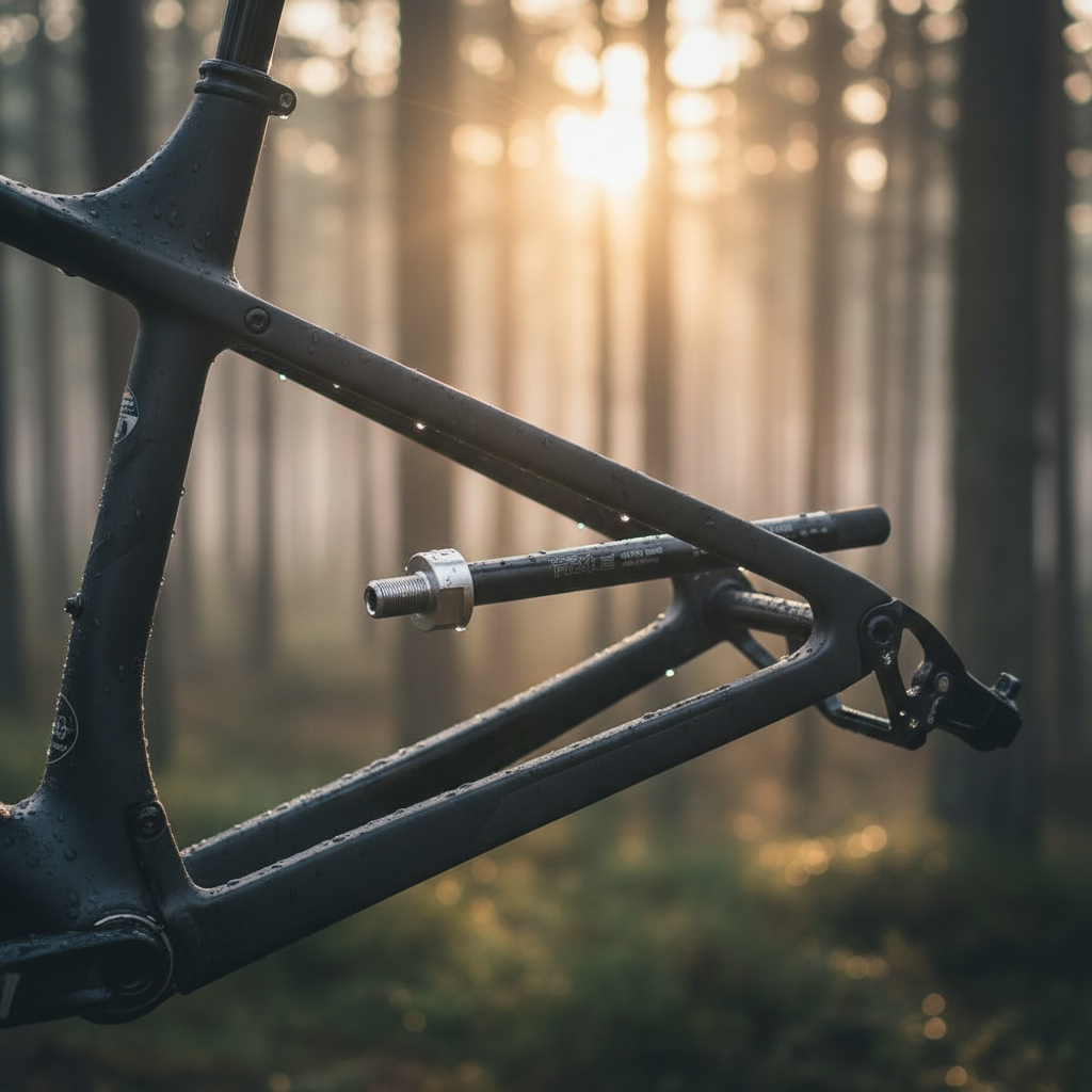 Radoxx Trailer AxXle TA004 Steckachse M12x1.0 für Fahrradanhänger am Fahrradrahmen im Wald bei Sonnenaufgang.