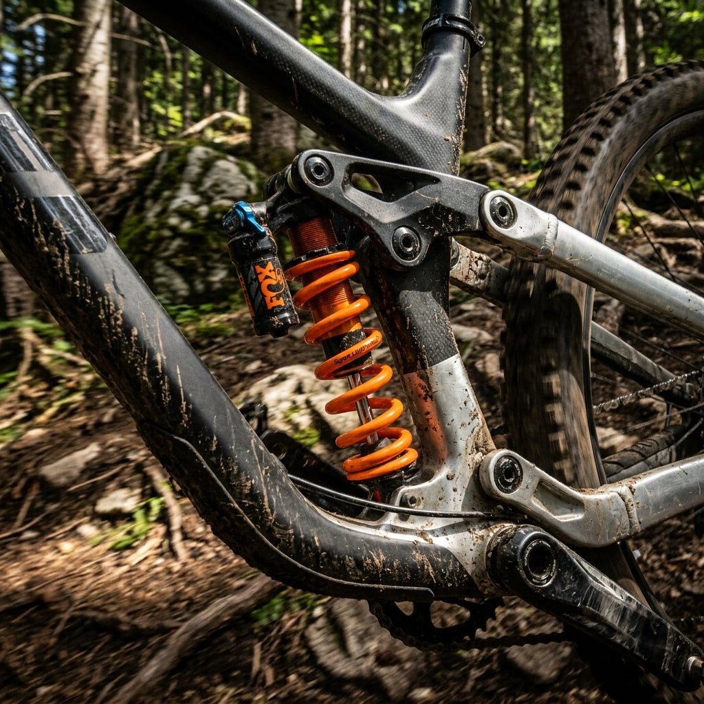 FOX Super Light Steel Dämpferfeder 89x400 lbs orange an schmutzigem MTB/Enduro-Fahrrad.