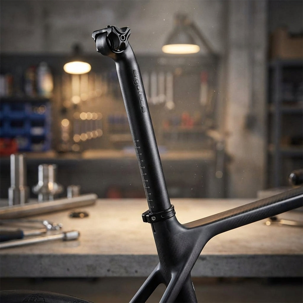 Ergotec Viper Patentsattelstütze 0° Ø 27,2mm 400mm schwarz Alu im Carbon-Fahrradrahmen.
