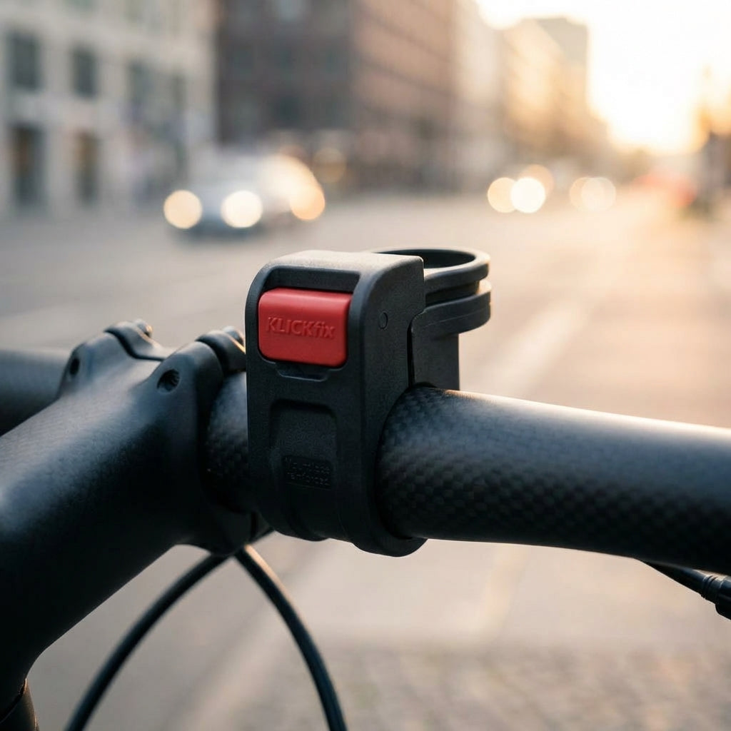 KLICKfix Lenkeradapter Oversize 31,8 mm für Fahrradtaschen und Körbe mit rotem Auslöseknopf aus Glasfaser.