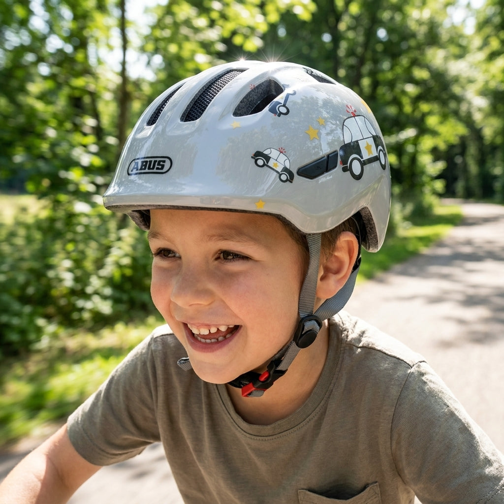Abus Kinderhelm Smiley 3.0 grey police, Fahrradhelm für Kinder, M 50-55cm. Optimaler Schutz & Komfort für junge Radfahrer.