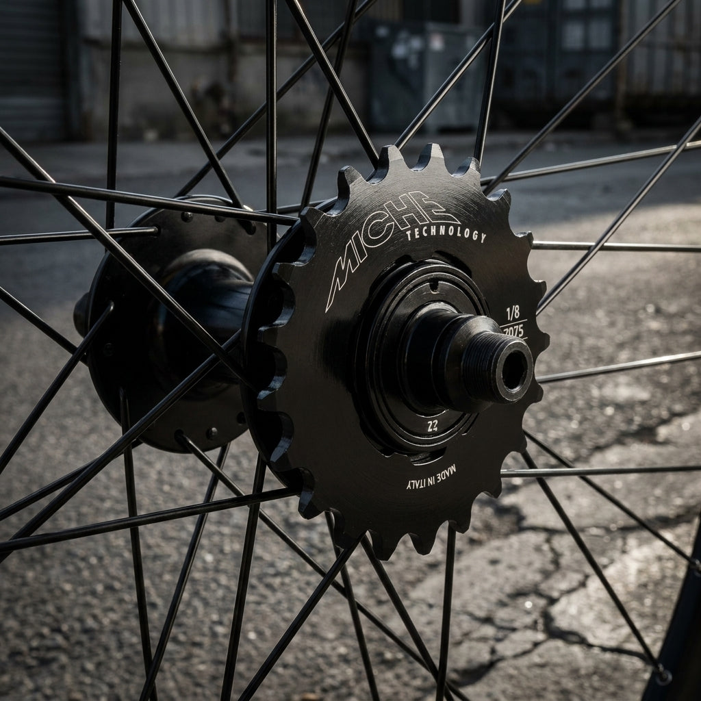Schwarzes Miche Single Speed Ritzel 1/8" 22 Zähne mit Miche Technology Logo, Made in Italy.