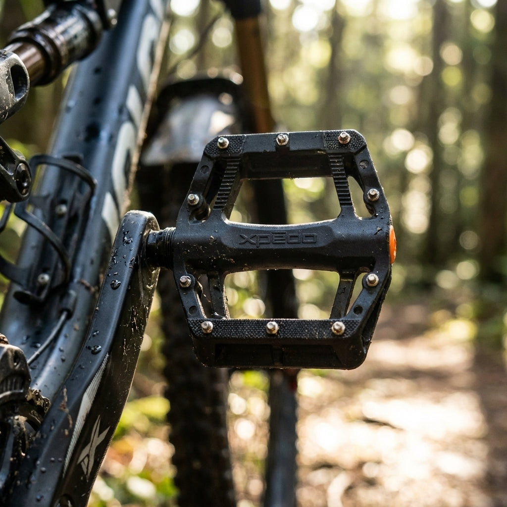 Schwarzes Xpedo JUVEE Fahrradpedal am Mountainbike, schmutzig vom Waldweg bei Sonnenlicht.