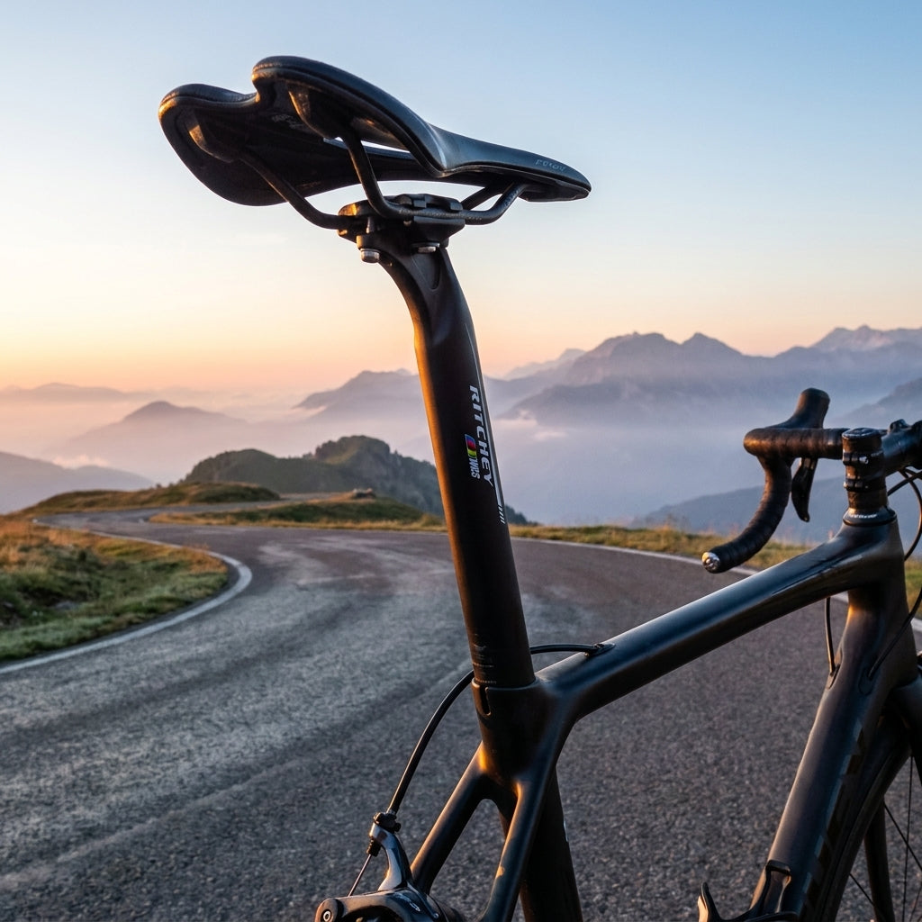 Ritchey WCS Link Stütze 27.2mm 400mm Carbon in Schwarz am Fahrrad vor Bergpanorama bei Sonnenaufgang.