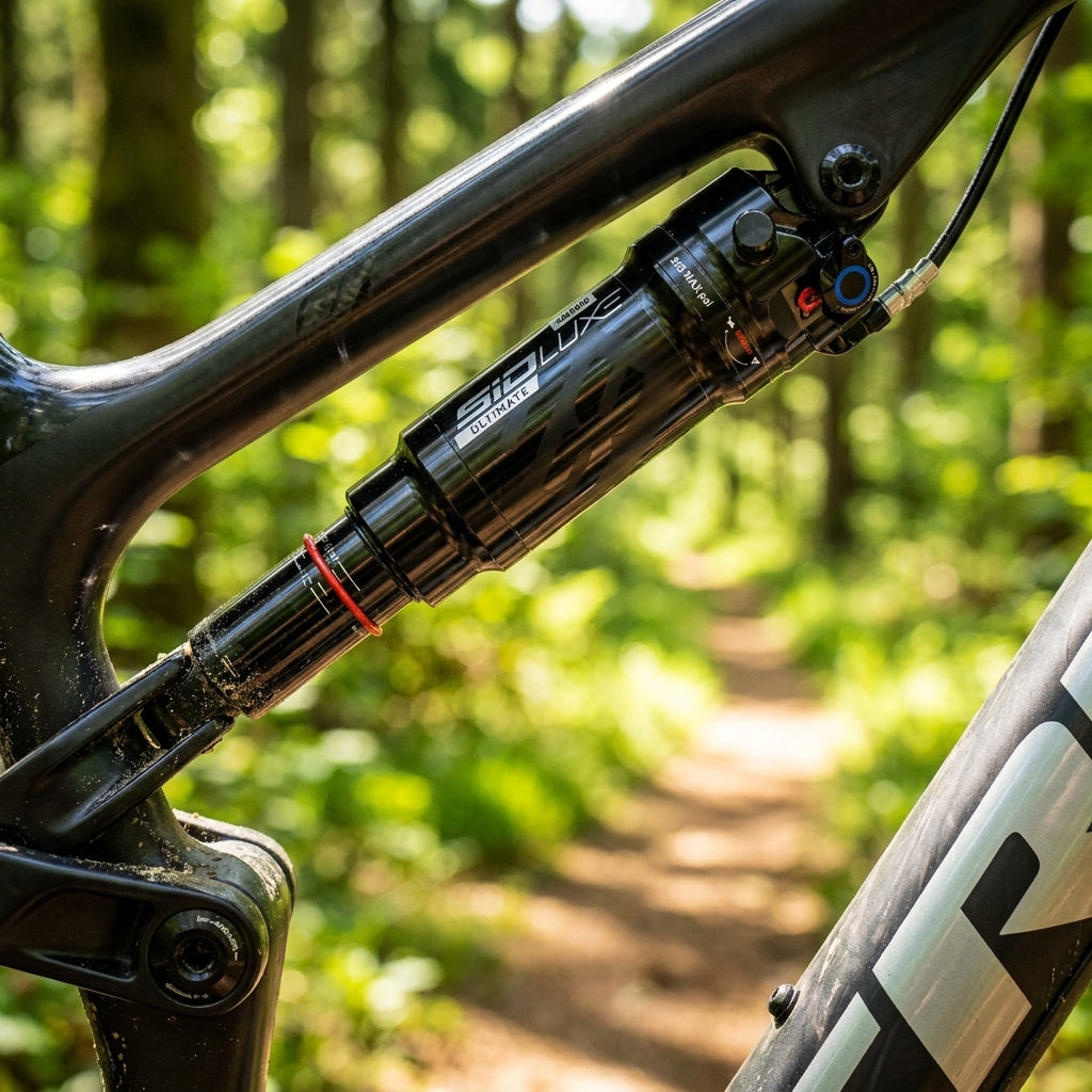 Rockshox SIDLuxe Ultimate Remote A2 HR Dämpfer, schwarz, am Mountainbike im Wald.