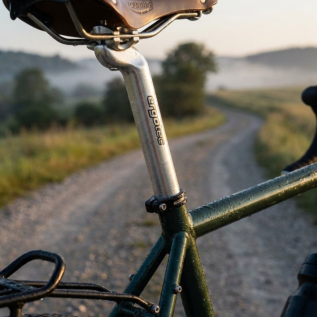 Ergotec Patentsattelstütze silber am Fahrrad mit Tautropfen, auf einem Gravelweg im Morgennebel.