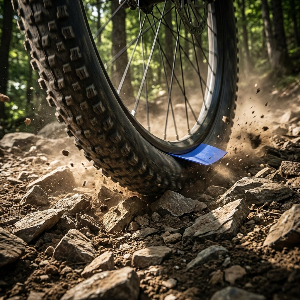 Zéfal Z-Liner 29" blaues Pannenschutzband schützt MTB-Reifen auf felsigem Trail vor Durchstichen.
