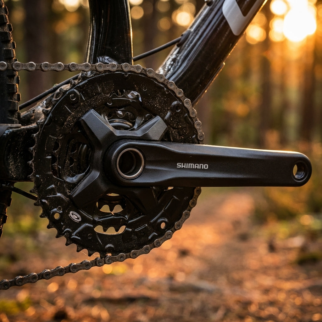 Shimano FC-MT2103 3-fach Kettenradgarnitur 22/32/44 Zähne montiert an einem Mountainbike im Wald.