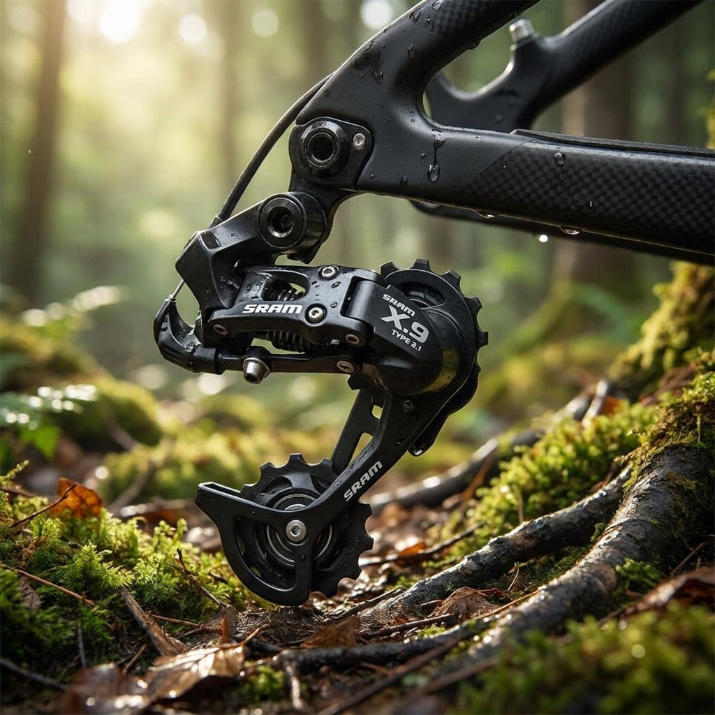 SRAM X.9 Type 2.1 Schaltrollen-Set am Schaltwerk eines Carbon-Fahrrads im Wald, präzise Schaltperformance.