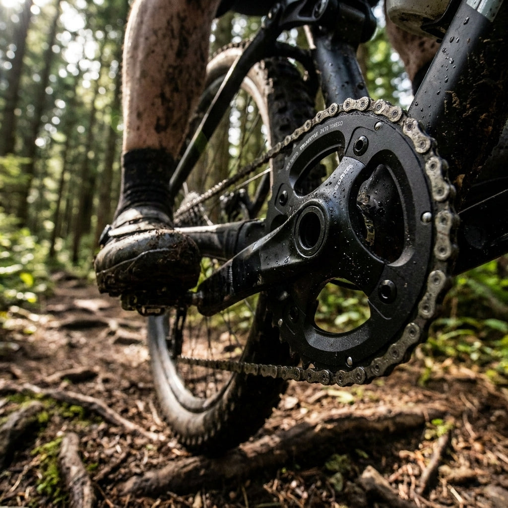 SRAM MTB Kettenblatt 36 Zähne schwarz am Mountainbike auf schlammigem Trail im Wald.
