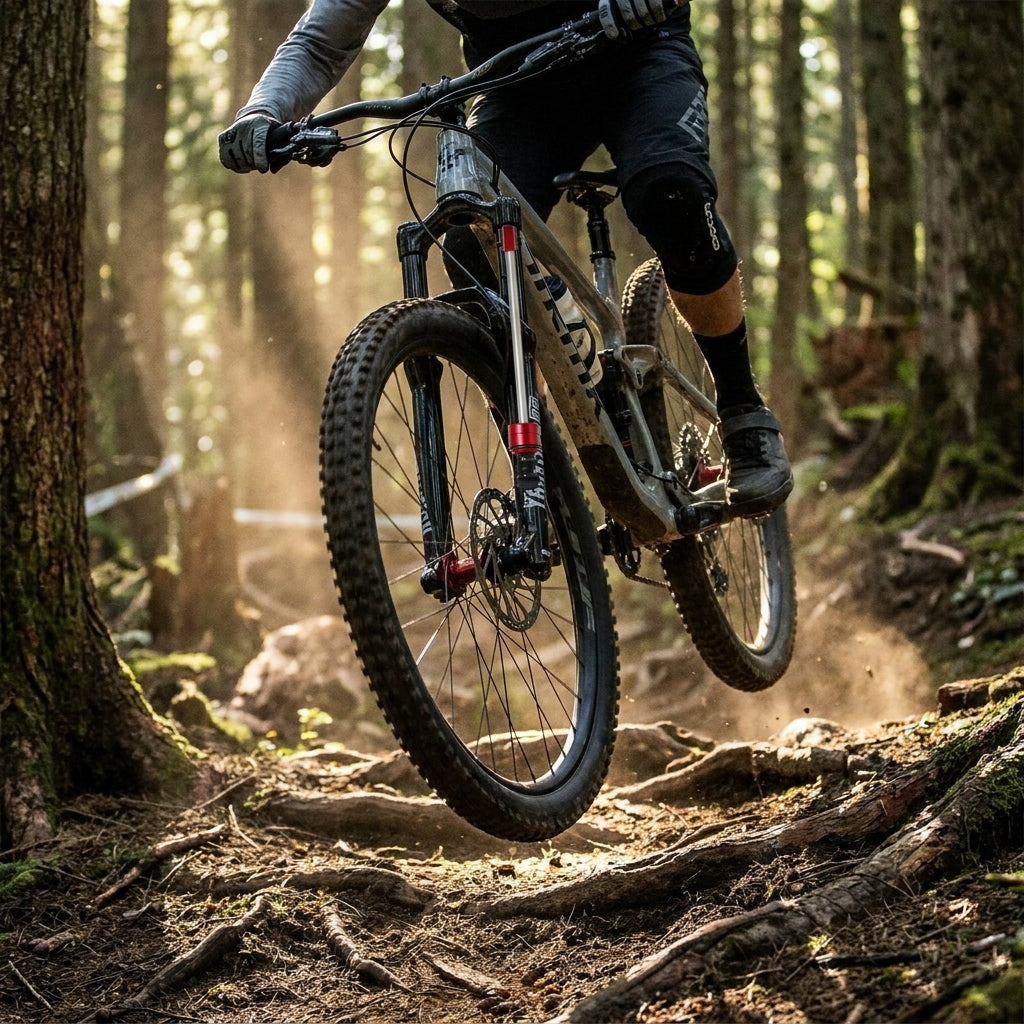 Mountainbiker mit RockShox Air Spring Upgrade Kit DebonAir 140mm-Yari A1+ Gabel springt auf Waldweg.
