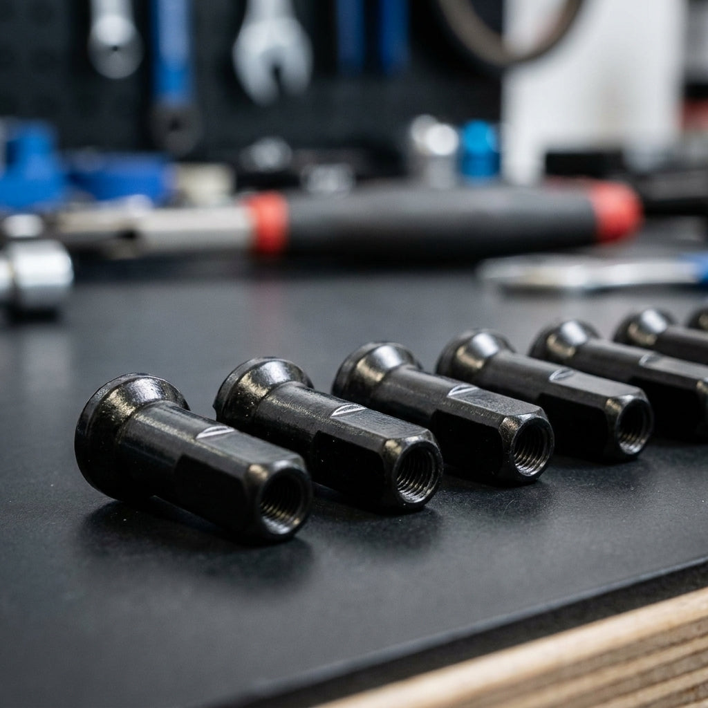 Schwarze DT SWISS Pro Lock/Prohead Rundkopf Fahrradnippel in Reihe auf Werkbank.