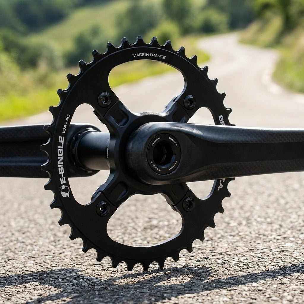 TA E-Single Kettenblatt 38 schwarz mit Kurbel auf Asphaltstraße, Made in France.