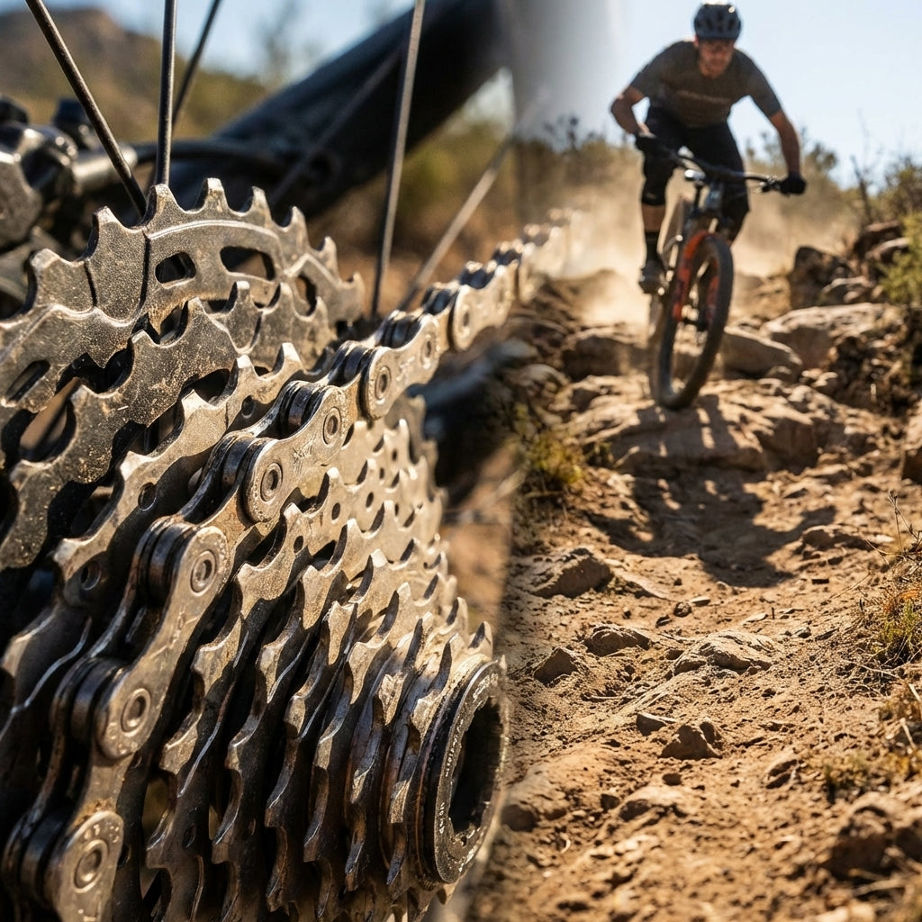 SHIMANO DEORE XT CN-M8100 12-fach Kette am Mountainbike-Antrieb, Biker auf felsigem Trail.