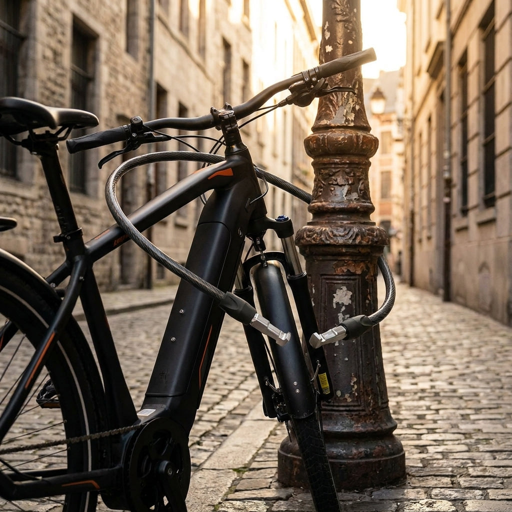Onguard Revolver 8181 Kabeleinheit: schwarzes Kabelschloss sichert E-Bike an Laterne auf Kopfsteinpflaster.