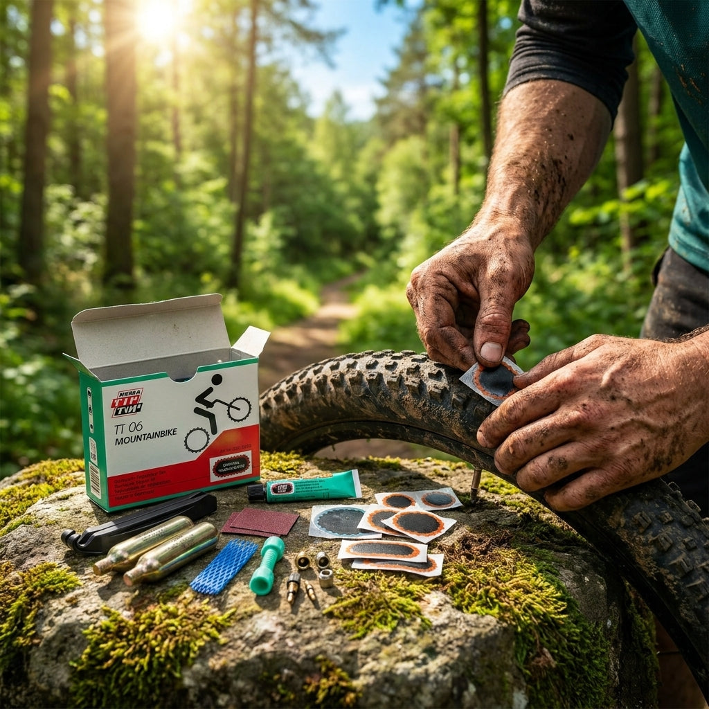 Rema Tip Top Reparaturset TT06: Mountainbiker flickt Reifen im Wald mit Flickzeug, CO2-Kartuschen und Werkzeug.