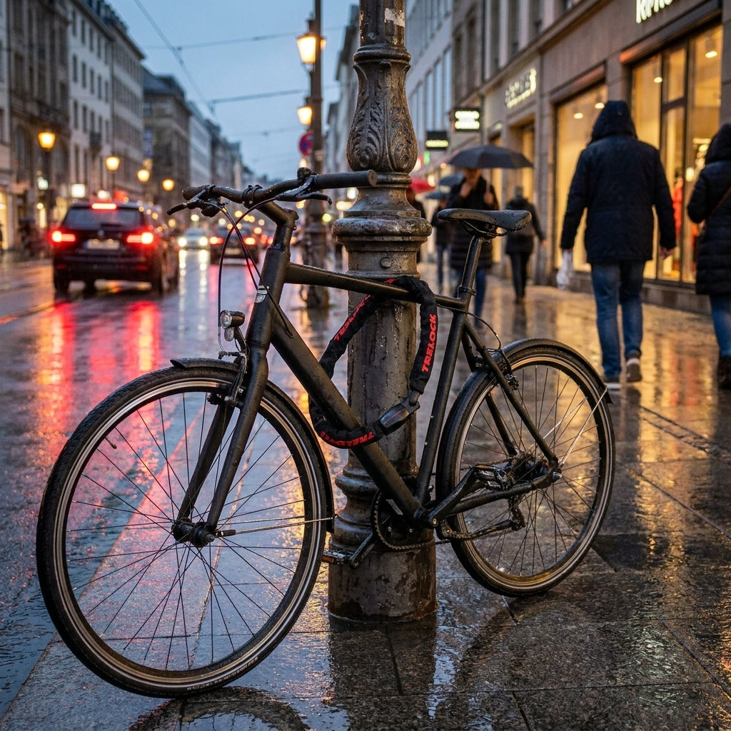 Trelock BC380 Panzerkabelschloss schwarz sichert Fahrrad an Laterne. Regennasse Stadtstraße im Hintergrund.