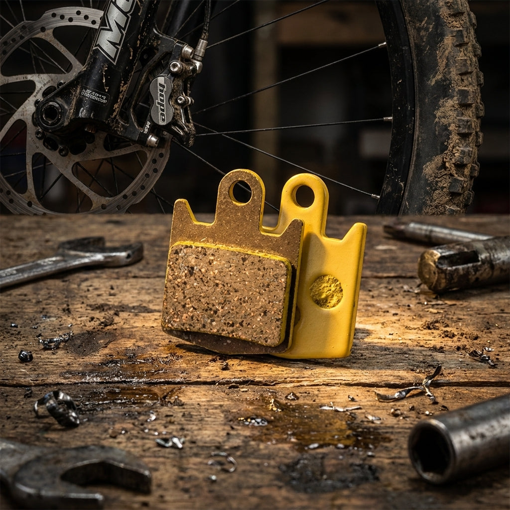 NG Sports Semi-Metall Disc-Bremsbeläge Hope M4 auf Werkbank mit schmutzigem MTB-Rad im Hintergrund.