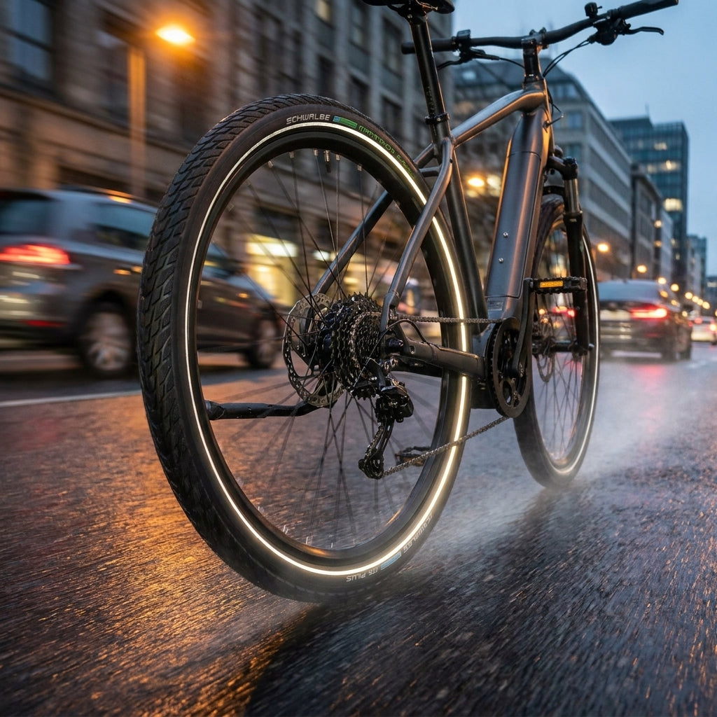 Schwalbe Marathon E-Plus E-Bike Reifen 28 Zoll mit Reflexstreifen auf nassem Asphalt in der Stadt bei Nacht.