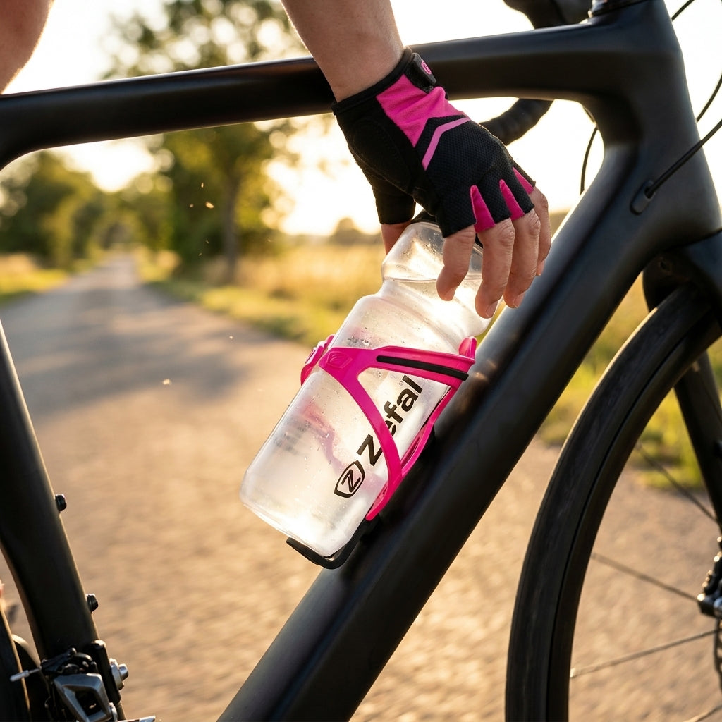 Radfahrer nimmt Zefal Trinkflasche aus pinkem Pulse B2 Trinkflaschenhalter am schwarzen Rennrad.