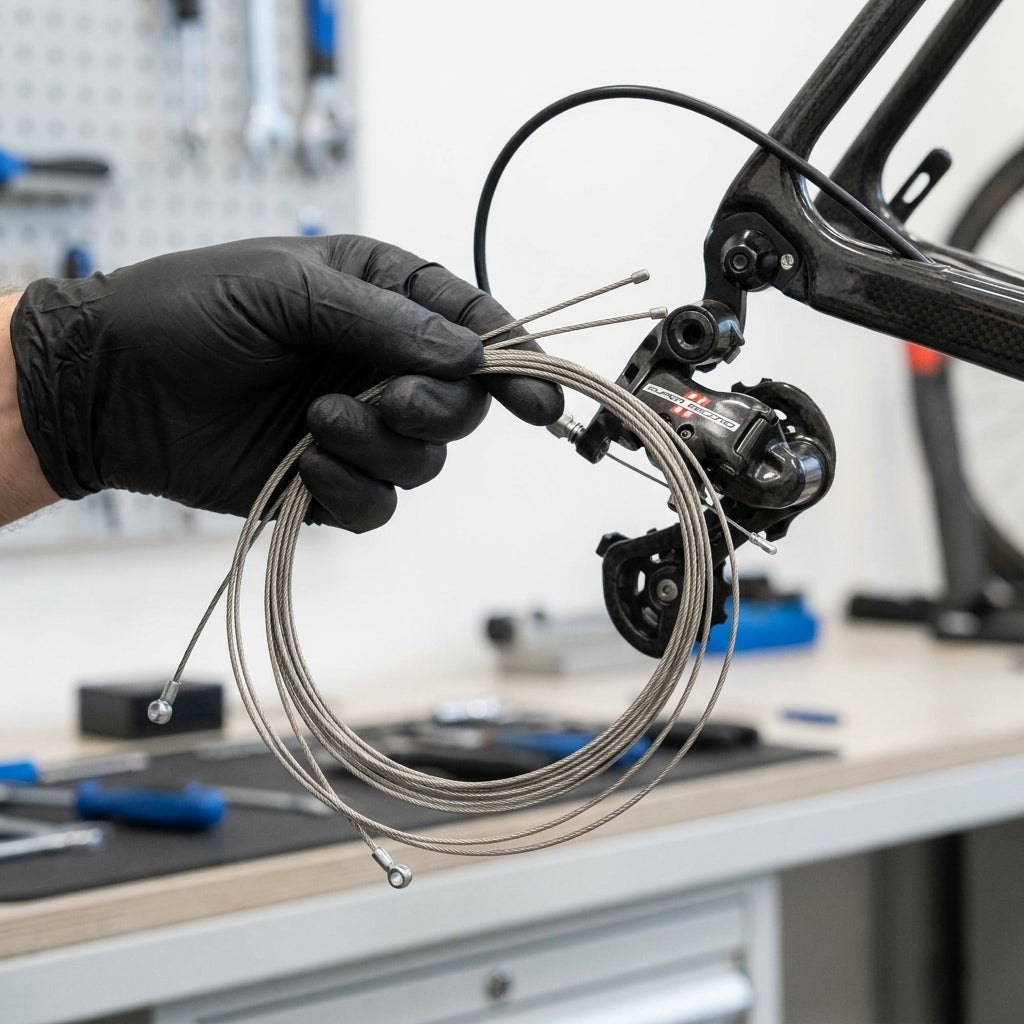 Hand hält Campagnolo Schaltzüge 1,2mm Niro 2000mm neben Rennrad-Schaltwerk. Fahrradreparatur.