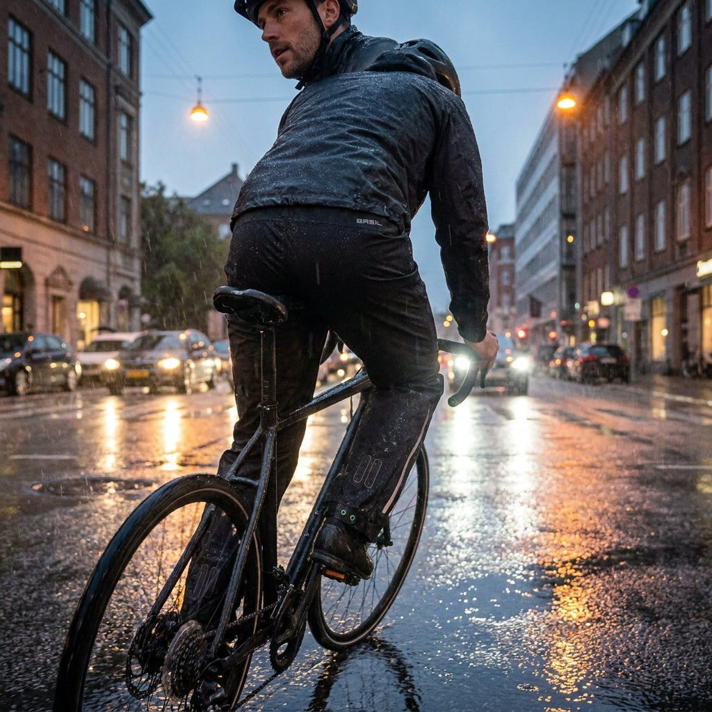 Mann fährt im Regen Fahrrad, trägt Basil Mosse Herren Regenhose jet black XXLong.