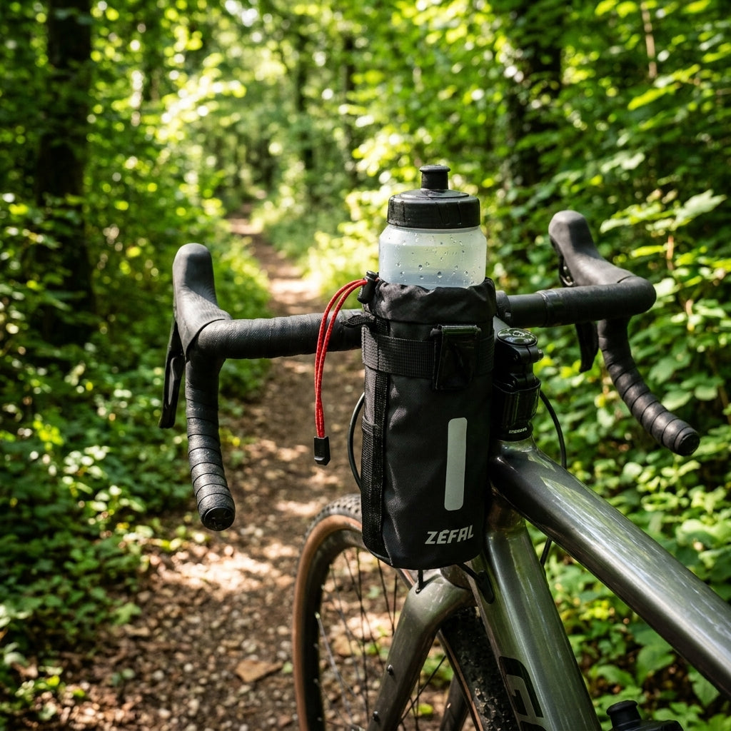 Zefal Z Adventure Pouch Bag schwarz am Fahrradlenker. Robuste Tasche für Trinkflasche und Zubehör auf Radtouren.